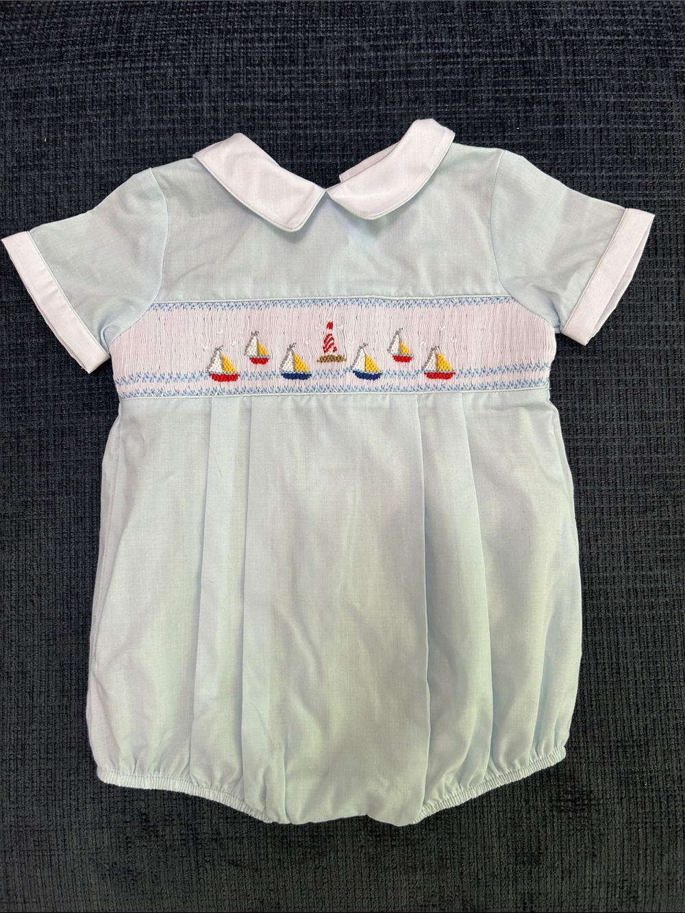 Carriage Boutique Light Blue Smocked Sailboat One-Piece